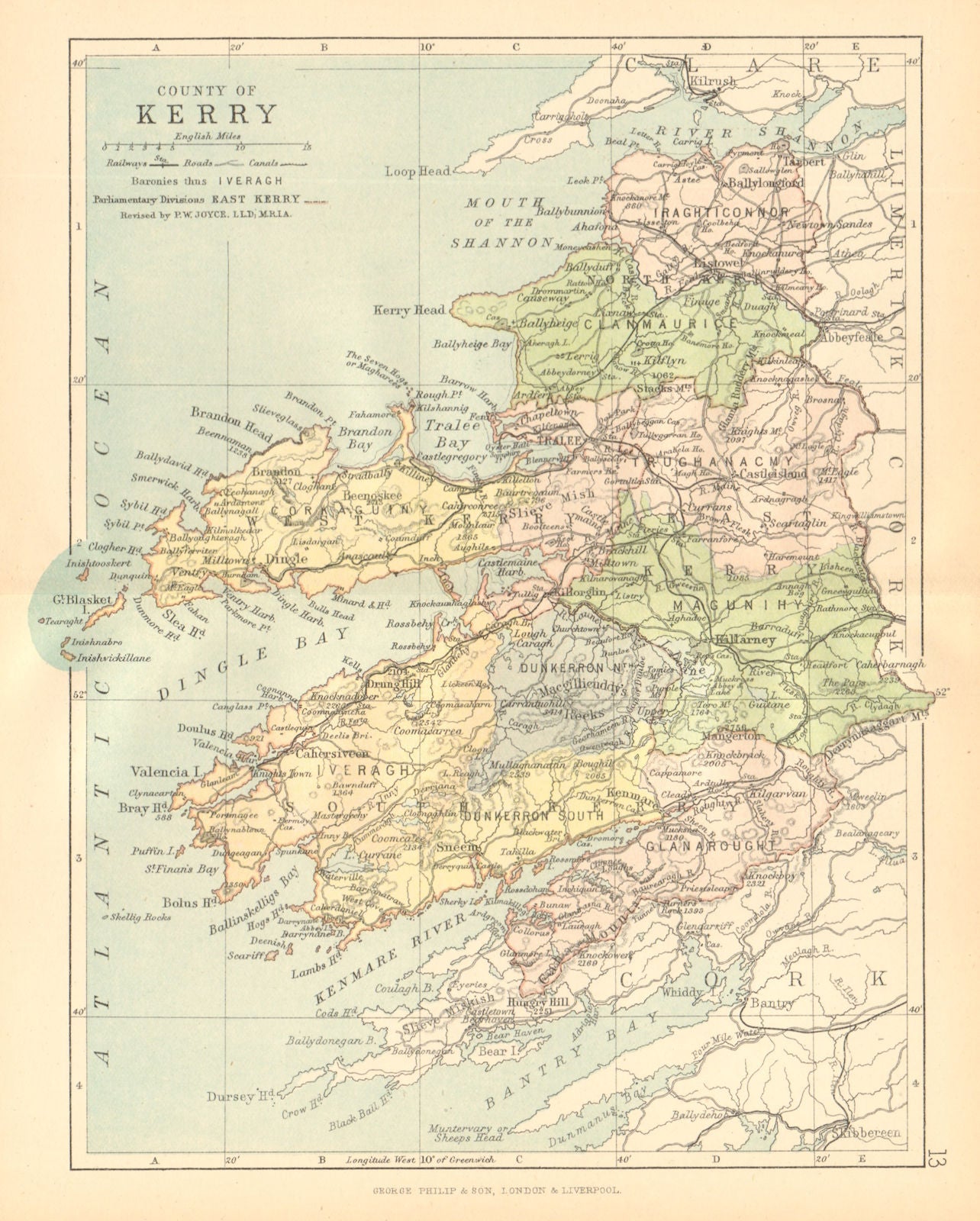 COUNTY KERRY. Antique county map. Munster. Ireland. BARTHOLOMEW c1902 old